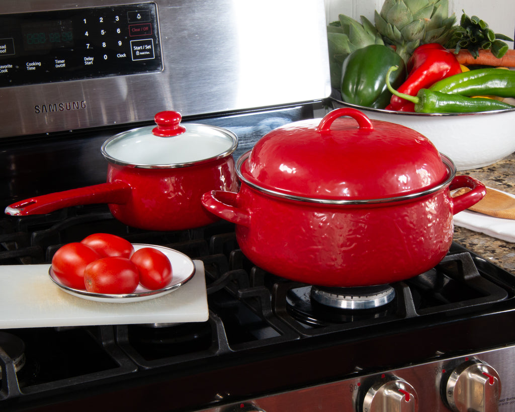 3 PC Enameled Cast Iron Skillet Set - Red